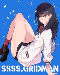 Rule 34 | 10s, 1girl, ban! (bansankan), black hair, blue background, blush, breasts, commentary request, copyright name, from behind, gridman universe, highres, long hair, long sleeves, looking at viewer, looking back, open mouth, parted lips, shirt, simple background, sitting, skirt, small breasts, solo, ssss.gridman, takarada rikka, thighs, white shirt