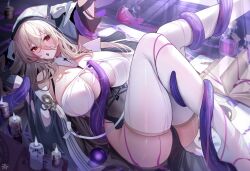 Rule 34 | 1girl, absurdres, azur lane, between breasts, black gloves, blonde hair, breast cutout, breasts, cleavage, covered navel, fake horns, gloves, habit, half gloves, highres, horns, huge breasts, implacable (azur lane), long bangs, long hair, looking at viewer, nun, pelvic curtain, red eyes, revealing clothes, shirt slip, solo, tansuan (ensj3875), tentacles, thighhighs, two-tone dress, veil, white horns, white thighhighs