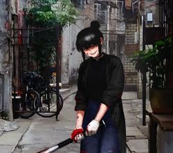 Rule 34 | 1girl, baseball bat, bicycle, black choker, black coat, black eyes, black gloves, black hair, blood, blood from mouth, blood on clothes, blood on face, bloody weapon, choker, coat, collarbone, covered collarbone, dgk, evil grin, evil smile, gloves, grin, hair between eyes, hair bun, heart, heart choker, highres, holding, holding baseball bat, holding weapon, injury, original, outdoors, parted lips, plant, potted plant, single hair bun, sleeves rolled up, smile, solo, teeth, veins, weapon, white gloves