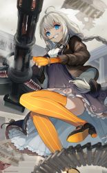 Rule 34 | 1girl, black footwear, black jacket, black skirt, blue eyes, bracelet, braid, breasts, commentary request, fingerless gloves, floating hair, food, food in mouth, from below, gatling gun, gloves, grin, gun, high-waist skirt, high heels, highres, holding, holding gun, holding weapon, jacket, jewelry, kizuna akari, long hair, long sleeves, looking at viewer, medium breasts, minigun, mouth hold, open clothes, open jacket, orange gloves, orange thighhighs, pocky, shirt, silver hair, skirt, smile, solo, sora no tori, striped clothes, striped gloves, striped thighhighs, thighhighs, twitter username, vertical-striped clothes, vertical-striped gloves, vertical-striped thighhighs, voiceroid, wanted, weapon, white shirt