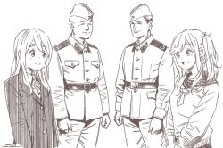 Rule 34 | 2boys, 2girls, :d, belt, brown theme, closed eyes, closed mouth, crossover, dated, eye contact, horikou, inuyama aoi, jacket, k-on!, kotobuki tsumugi, long sleeves, looking at another, manly, military, military jacket, military uniform, monochrome, multiple boys, multiple girls, one side up, open mouth, real life, school uniform, serafuku, signature, simple background, smile, soldier, soviet, soviet army, sweater, thick eyebrows, uniform, white background, yurucamp