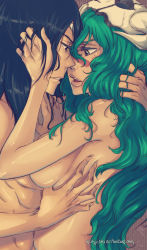 Rule 34 | 1boy, 1girl, arrancar, black hair, bleach, breasts, facial mark, grabbing another&#039;s hair, green hair, grey eyes, highres, holding, long hair, looking at another, nelliel tu odelschwanck, nnoitra gilga, number tattoo, open mouth, parted lips, rusky, sideboob, skull, tattoo, topless, watermark