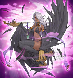 Rule 34 | 1girl, animal feet, animal hands, armlet, artist name, bag, bare shoulders, black feathers, black thighhighs, black wings, breasts, choker, claws, dark-skinned female, dark skin, feathered wings, feathers, hair over one eye, harpy, holding, holding smoking pipe, jin (sirius-j), long hair, medium breasts, midriff, mole, mole under mouth, monster girl, original, parody, parted lips, pink background, red eyes, signature, smoke, smoking pipe, solo, stirrup legwear, style parody, talons, thighhighs, toeless legwear, white hair, winged arms, wings, yu-gi-oh!