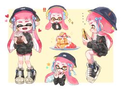 Rule 34 | !, !!, ..., 1girl, :o, absurdres, black headwear, black shorts, black sweater, blue bow, border, bow, commentary request, dessert, double v, food, fork, hat, heart, highres, holding, holding fork, inkling, inkling girl, inkling player character, invisible chair, long hair, multiple views, myon rio, nintendo, pink hair, pink trim, plate, pointy ears, short shorts, shorts, simple background, sitting, sparkle, splatoon (series), sweater, tentacle hair, v, white border, yellow background