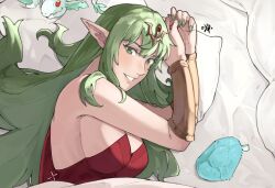 Rule 34 | 1girl, alternate hairstyle, bare shoulders, bed, bed sheet, breasts, cleavage, dragonstone, dress, fire emblem, fire emblem awakening, green eyes, green hair, grin, highres, long hair, looking at viewer, lying, medium breasts, nintendo, on side, pillow, pointy ears, red dress, sakuremi, sideboob, smile, solo, teeth, tiara, tiki (adult) (fire emblem), tiki (fire emblem)