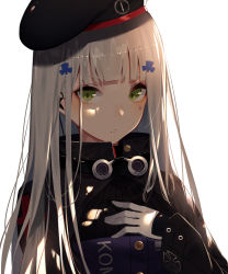 Rule 34 | 1girl, beret, blunt bangs, blush, breasts, clothes writing, facial mark, girls&#039; frontline, gloves, green eyes, hair ornament, hand on own chest, hat, highres, hk416 (girls&#039; frontline), jacket, kisui (28992125), light particles, long hair, looking at viewer, parted lips, sidelocks, silver hair, simple background, solo, teardrop, upper body, very long hair, white background