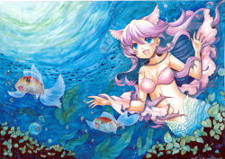 Rule 34 | + +, 1girl, :d, animal ears, bare shoulders, beads, bikini, bikini top only, blue eyes, bow, bubble, dated, fish, goldfish, hair bow, happy, jewelry, long hair, mermaid, monster girl, mosho, necklace, open mouth, original, outstretched arms, pendant, pink bikini, pink hair, ring, scales, seaweed, shell, shell bikini, signature, smile, solo, spread arms, sunlight, swimsuit, symbol-shaped pupils, traditional media, underwater