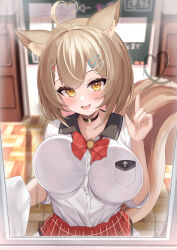 Rule 34 | 1girl, absurdres, against glass, animal ears, black choker, blonde hair, blush, bow, bowtie, breast press, breasts, breasts on glass, choker, collared shirt, condensation, elegant (sumisumi4268), finger writing, glass writing, heart, highres, holding, large breasts, looking at viewer, open mouth, original, plaid, plaid skirt, shirt, skirt, smile, solo, squirrel, squirrel ears, squirrel tail, tail, white shirt, window, window fog, yellow eyes