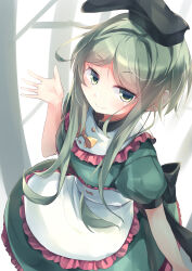 Rule 34 | 1girl, absurdres, apron, black hat, closed mouth, commentary request, dress, green dress, green eyes, green hair, hat, highres, kanzakietc, long hair, looking at viewer, one-hour drawing challenge, short sleeves, sidelocks, smile, solo, tate eboshi, teireida mai, touhou, waist apron