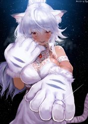 Rule 34 | 1girl, absurdres, animal ear fluff, animal hands, arm strap, bare shoulders, breasts, christmas, closed eyes, dress, gloves, hair between eyes, halterneck, heavy breathing, highres, jewelry, ladica (shadowverse), large breasts, long hair, looking at viewer, marriage proposal, midnight (midnightstream3), open mouth, orange eyes, outstretched arm, paw gloves, ring, shadowverse, smile, snowing, solo, tail, teeth, upper teeth only, wedding ring, white dress, white hair