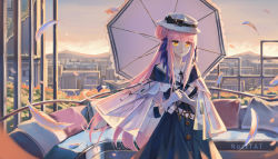 Rule 34 | 1girl, absurdres, arknights, artist name, black bow, blue dress, blue feathers, bow, ceylon (arknights), city, commentary, cowboy shot, dress, feather hair, feathers, gloves, hair bun, hat, hat bow, highres, holding, holding umbrella, long hair, looking at viewer, nosttat, outdoors, parted lips, pink hair, single hair bun, solo, standing, umbrella, very long hair, white gloves, white hat, white umbrella, yellow eyes