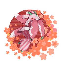 Rule 34 | border, commentary request, creatures (company), flower, from side, full body, game freak, gen 7 pokemon, looking at viewer, lurantis, maru (purana1), nintendo, no humans, orange flower, pink eyes, pokemon, pokemon (creature), solo, white border
