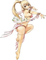 Rule 34 | 1girl, armlet, ass, barefoot, belly dancer, blonde hair, breasts, brown eyes, dancer, dancing, earrings, fairy tail, feet, full body, harem outfit, high ponytail, highres, jewelry, large breasts, leg up, long hair, looking at viewer, lucy heartfilia, mashima hiro, non-web source, official art, pelvic curtain, revealing clothes, smile, soles, solo, tattoo, toes, transparent background