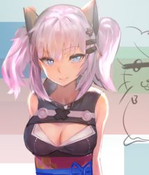 Rule 34 | 1girl, animal ears, asuzemu, bare shoulders, blue eyes, breasts, cleavage, closed mouth, commentary request, crossover, fake animal ears, hair ornament, hairpin, kaguya luna, light purple hair, looking at viewer, medium breasts, obi, sash, sidelocks, smile, solo, twintails, upper body, virtual youtuber, x hair ornament