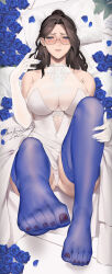Rule 34 | 1girl, absurdres, alios arvin, bare shoulders, blue eyes, blush, breasts, bridal veil, bride, brown hair, dress, earrings, elbow gloves, feet, flower, glasses, gloves, highres, inoue iris (sdustz), jewelry, large breasts, long hair, looking at viewer, mature female, mole, mole under eye, nail polish, no shoes, original, parted lips, round eyewear, smile, solo, thighhighs, toenail polish, toenails, toes, veil, wedding dress, white dress, white gloves