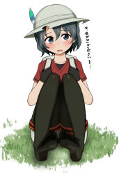 Rule 34 | 10s, 1girl, backpack, bag, black hair, bucket hat, feathers, feet, gloves, hat, hat feather, highres, kaban (kemono friends), kemono friends, no shoes, pantyhose, satou (su9arsatou), shirt, short hair, shorts, sitting, soles, solo, source quote parody, toes, translated