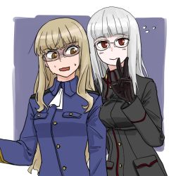 Rule 34 | 2girls, :&gt;, arm around back, blonde hair, blush, breast envy, buttons, collared shirt, embarrassed, glasses, gloves, grey hair, heidimarie w. schnaufer, leather, leather gloves, long hair, looking at viewer, military, military uniform, multiple girls, nigatsu (fevrali), open mouth, perrine h. clostermann, pocket, red eyes, shirt, simple background, smile, strike witches, sweat, sweatdrop, uniform, v, wide-eyed, world witches series, yellow eyes