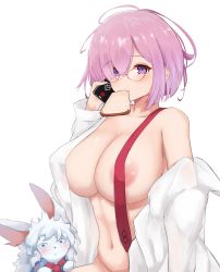Rule 34 | 1girl, blush, bread slice, breasts, confused, fate/grand order, fate (series), food, food in mouth, fou (fate), glasses, hair between eyes, hair over one eye, highres, huge breasts, large breasts, light purple hair, looking at viewer, mash kyrielight, md5 mismatch, messy hair, mouth hold, navel, necktie, nipples, phone, purple eyes, purple hair, self-upload, shirt, simple background, sitting, solo, soveno, stomach, talking on phone, toast, toast in mouth, unworn necktie, white shirt
