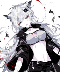 Rule 34 | 1girl, animal ears, arknights, artist name, bandeau, black choker, black jacket, blood, breasts, chinese commentary, choker, commentary request, fangs, grey eyes, hair between eyes, hair ornament, hairclip, highres, jacket, lappland (arknights), long hair, long sleeves, looking at viewer, medium breasts, midriff, navel, open clothes, open jacket, open mouth, sheya, signature, silver hair, simple background, solo, stomach, strapless, tube top, upper body, very long hair, white background, wide sleeves, wolf ears