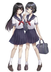 Rule 34 | 2girls, absurdres, bag, black hair, blue eyes, blue sailor collar, blue skirt, brown footwear, commentary request, commission, full body, hair ornament, hairclip, highres, hime cut, holding, holding bag, loafers, long hair, looking at viewer, multiple girls, neckerchief, original, pixiv commission, poe (528yuzunon), red eyes, red neckerchief, sailor collar, school bag, school uniform, serafuku, shoes, short hair, short sleeves, simple background, skirt, socks, standing, uniform, v, white background, white socks
