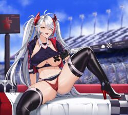 Rule 34 | 1girl, absurdres, ass, azur lane, belt, black gloves, boots, breasts, checkered flag, clothing cutout, convoy (galactic convoy), earpiece, flag, gloves, half gloves, highres, jacket, large breasts, long hair, multicolored hair, navel, official alternate costume, panties, pasties, prinz eugen (azur lane), prinz eugen (final lap) (azur lane), race queen, racetrack, red hair, red panties, skirt, solo, stomach, streaked hair, thigh boots, thighhighs, thighs, underboob, underboob cutout, underwear, very long hair, white belt, white hair, yellow eyes