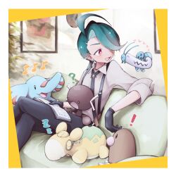 Rule 34 | !, 1girl, :d, ?, ahoge, barboach, black gloves, black necktie, black pants, book, bright pupils, collared shirt, commentary request, couch, creatures (company), crossed legs, diglett, earrings, game freak, gen 1 pokemon, gen 2 pokemon, gen 3 pokemon, gloves, green hair, indoors, jewelry, long hair, musical note, necktie, nintendo, numel, open mouth, paldean wooper, pants, phanpy, pokemon, pokemon (creature), pokemon sv, quiet room 0, red eyes, rika (pokemon), shirt, sitting, smile, suspenders, white pupils, zzz