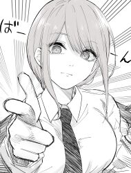 Rule 34 | 1girl, between breasts, breasts, chainsaw man, closed mouth, commentary, dress shirt, emphasis lines, eyelashes, eyes visible through hair, finger gun, foreshortening, hair between eyes, highres, large breasts, light smile, looking at viewer, makima (chainsaw man), mame1645, medium hair, monochrome, necktie, necktie between breasts, pointing, pointing at viewer, ringed eyes, shirt, simple background, solo, sound effects, straight-on, straight hair, swept bangs, upper body, white background