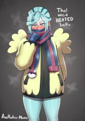Rule 34 | 1boy, aestheticc-meme, artist name, blush, commentary, creatures (company), english text, eyelashes, game freak, green eyes, green hair, grusha (pokemon), hand up, highres, jacket, long hair, male focus, mittens, nintendo, pants, poke ball print, pokemon, pokemon sv, scarf, scarf over mouth, signature, solo, steam, yellow jacket
