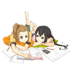 Rule 34 | 2girls, akiyama mio, bad id, bad pixiv id, barefoot, black eyes, black hair, bonjin, brown eyes, brown hair, casual, cellphone, digital media player, iphone, ipod, ipod touch, k-on!, long hair, lying, magazine (object), multiple girls, nakano azusa, notebook, on stomach, pen, phone, pillow, side ponytail, simple background, smartphone, tainaka ritsu, twintails