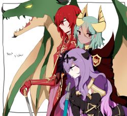 Rule 34 | 3girls, axe, bad id, bad twitter id, camilla (fire emblem), cape, dragon, closed eyes, fire emblem, fire emblem: mystery of the emblem, fire emblem: new mystery of the emblem, fire emblem: shadow dragon, fire emblem: shadow dragon and the blade of light, fire emblem fates, fire emblem heroes, gloves, green hair, holding, holding axe, holding weapon, horns, laegjarn (fire emblem), long hair, minerva (fire emblem), multiple girls, nintendo, plzmakeephhappy, purple eyes, purple hair, red eyes, red hair, weapon