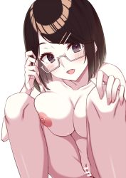 Rule 34 | 1girl, bar censor, bare shoulders, bikini, black eyes, black hair, blush, breasts, breasts out, censored, cleavage, covered erect nipples, eyebrows, eyelashes, fuji yoshida, glasses, hair ornament, hand in own hair, hand on own knee, happy, highres, large areolae, large breasts, looking at viewer, nijisanji, nipples, nude, open mouth, pussy, semi-rimless eyewear, seto miyako, short hair, simple background, solo, squatting, stomach, swimsuit, teeth, thighs, under-rim eyewear, upper teeth only, virtual youtuber, white-framed eyewear, white background
