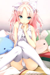 Rule 34 | 1girl, :3, absurdres, ahoge, animal ears, cat ears, cat girl, cat tail, eyelashes, female focus, from as, green eyes, half updo, highres, indoors, kawauchi sonoka, knees together feet apart, luna lia, name tag, one-piece swimsuit, original, pink hair, school swimsuit, sitting, solo, stuffed animal, stuffed rabbit, stuffed toy, swimsuit, tail, thighhighs, tsurime, two side up, white school swimsuit, white one-piece swimsuit, white thighhighs