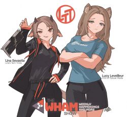 Rule 34 | 2girls, animal ears, animification, arm up, arms under breasts, black pants, black shirt, black shorts, blue eyes, blue shirt, brand name imitation, breasts, brown eyes, brown hair, closed mouth, collarbone, commentary, crossed arms, dated, dropping, earrings, english commentary, english text, fangs, genderswap, genderswap (mtf), gesugao, graphics card, hand on own hip, highres, hood, hoodie, horns, jewelry, light brown hair, lina sevastia, linus sebastian, linus tech tips, logo parody, lucy leveilleur, medium breasts, motion blur, motion lines, multiple earrings, multiple girls, open clothes, open hoodie, open mouth, original, pants, patterned clothing, pocket, print shirt, ring, shirt, shorts, signature, sweatpants, t-shirt, teeth, upper teeth only, white background, zhvo, zipper, zipper pull tab