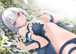 Rule 34 | 1girl, absurdres, babydoll, black panties, blurry, blurry background, breasts, commentary request, depth of field, flower, frills, grey hair, hands up, highres, kamioka shun&#039;ya, large breasts, long hair, looking at viewer, lying, navel, on back, on grass, original, panties, parted lips, purple eyes, solo, underwear, underwear only, very long hair, white flower