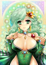 Rule 34 | 1990s (style), 1girl, art nouveau, bare shoulders, breasts, choker, detached sleeves, earrings, final fantasy, final fantasy iv, green eyes, green hair, hair ornament, jewelry, large breasts, leotard, light smile, long hair, lots of jewelry, matching hair/eyes, riria, rydia (ff4), solo