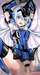 Rule 34 | 10s, 1boy, 1girl, bed, blue eyes, blue hair, blush, censored, clothed sex, frame arms girl, hetero, highres, panties, pussy, ribimura, sex, spread legs, striped clothes, striped panties, stylet, underwear, vaginal