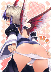 Rule 34 | 1girl, ^^^, ahoge, ass, back, bad id, bad pixiv id, blue hair, blush, clothes pull, eho (icbm), female focus, head wings, heart, horns, looking back, multicolored hair, open mouth, panties, panty pull, shiny skin, short hair, silver hair, skirt, skirt pull, solo, tokiko (touhou), touhou, two-tone hair, underwear, white panties, wings