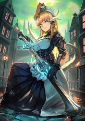 Rule 34 | 1girl, absurdres, apron, black dress, black gloves, blonde hair, blue eyes, breasts, commission, demon horns, dress, frilled apron, frills, gloves, hakusyokuto, highres, holding, holding sword, holding weapon, horns, juliet sleeves, long hair, long sleeves, looking at viewer, maid, maid apron, maid headdress, medium breasts, outdoors, puffy sleeves, skeb commission, sword, waist apron, weapon, white apron