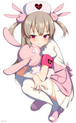 Rule 34 | 1girl, apron, bandaged arm, bandages, blood on clothes, blush, closed mouth, fang, full body, hair ornament, hat, heart, hugging object, light brown hair, long hair, looking at viewer, natori sana, nurse, nurse cap, pink apron, pink footwear, pink hat, puffy short sleeves, puffy sleeves, rabbit hair ornament, red eyes, sana channel, shirt, short sleeves, simple background, smile, solo, squatting, stuffed animal, stuffed rabbit, stuffed toy, supershiruco, thighhighs, twitter username, two side up, virtual youtuber, white background, white thighhighs
