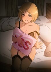 Rule 34 | 1girl, arm behind back, bed, blanket, blonde hair, breasts, brown eyes, chest of drawers, cleavage, closed mouth, collarbone, commission, curtains, from above, girls&#039; frontline, heart, heart in eye, highres, lingerie, looking at viewer, medium breasts, mp40 (girls&#039; frontline), non-web source, pixiv commission, short hair, smile, solo, symbol in eye, thighhighs, triangle bullet, underwear, yes-no pillow