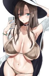 Rule 34 | 1girl, absurdres, arm up, armpits, bikini, black choker, bracelet, breasts, brown bikini, brown hair, cellphone, choker, collarbone, commentary request, covered erect nipples, curvy, green eyes, hair between eyes, hand on headwear, hat, highres, holding, holding phone, hotate-chan, jewelry, large breasts, looking at viewer, navel, open mouth, original, phone, robe, sagging breasts, simple background, smartphone, solo, standing, stomach, swimsuit, white background, white robe, witch hat