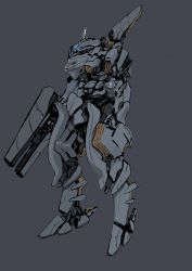 blue_eyes clenched_hand grey_background gun highres holding holding_gun holding_weapon looking_ahead mecha mikan_lemon no_humans original robot science_fiction solo standing weapon