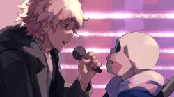 Rule 34 | 2boys, blue jacket, blush, danganronpa (series), danganronpa 2: goodbye despair, eye contact, from side, green jacket, grey hair, grey shirt, guitar, hand up, highres, holding, holding microphone, hollow eyes, hood, hooded jacket, instrument, jacket, komaeda nagito, leo (leosburgers), looking at another, male focus, microphone, multiple boys, open clothes, open jacket, sans (undertale), shirt, short hair, skeleton, smile, stairs, teeth, undertale, upper teeth only