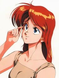 Rule 34 | 1980s (style), 1girl, bug, gall force, highres, holding, holding hair, insect, ladybug, long hair, oldschool, red hair, retro artstyle, sandy newman, simple background, smile, solo, sonoda ken&#039;ichi