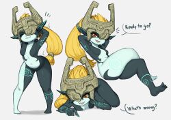 Rule 34 | 1girl, arms up, barefoot, blonde hair, body markings, breasts, colored skin, crossed legs, english text, fang, fangs, helmet, highres, looking at viewer, midna, multiple views, nintendo, pointy ears, rajah (dajah), red eyes, shortstack, small breasts, solo, stretching, the legend of zelda, the legend of zelda: twilight princess, thick thighs, thighs