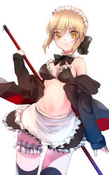 Rule 34 | 1girl, apron, artoria pendragon (alter swimsuit rider) (fate), artoria pendragon (alter swimsuit rider) (second ascension) (fate), artoria pendragon (fate), bare shoulders, bikini, black bikini, black bow, black jacket, black thighhighs, blonde hair, bow, bowtie, breasts, broom, commentary request, fate/grand order, fate (series), frills, highres, holding, holding broom, jacket, kazuya0810, large breasts, looking at viewer, maid, maid bikini, maid headdress, open clothes, ribbon, short hair, simple background, sleeves past wrists, solo, swimsuit, thighhighs, unconventional maid, white apron, white background, yellow eyes
