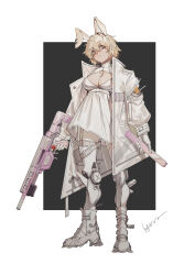 Rule 34 | 1girl, absurdres, animal ear piercing, animal ears, ankle boots, arms at sides, belt, black background, blonde hair, boots, border, breasts, cleavage, cleavage cutout, closed mouth, clothing cutout, coat, commentary, cross, dress, full body, gloves, grey eyes, grey ribbon, gun, hair between eyes, halter dress, halterneck, head tilt, highres, hikimayu, holding, holding gun, holding magazine (weapon), holding weapon, long sleeves, looking at viewer, magazine (weapon), mechanical legs, medium breasts, open clothes, open coat, original, outside border, rabbit ears, short hair, signature, simple background, solo, standing, syringe, thigh belt, thigh strap, weapon, white belt, white border, white coat, white dress, white footwear, white gloves, zipper, zipper pull tab, zuosi zhichu