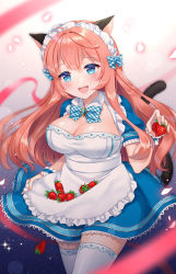 Rule 34 | 1girl, :d, animal ears, apron, blue bow, blue bowtie, blue dress, blue eyes, blurry, blush, bow, bowtie, breasts, cat ears, cleavage, collared dress, commentary request, cowboy shot, depth of field, dress, food, frilled apron, frilled cuffs, frills, fruit, hand up, head tilt, holding, holding food, holding fruit, large breasts, long hair, looking at viewer, maid, maid apron, maid headdress, naomi (fantasia), open mouth, original, pink hair, plaid, plaid bow, puffy short sleeves, puffy sleeves, short sleeves, sidelocks, smile, solo, strawberry, teeth, thighhighs, upper teeth only, white apron, white thighhighs, wrist cuffs