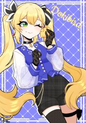 Rule 34 | black gloves, black shorts, blonde hair, blue vest, character name, choker, closed mouth, cowboy shot, digiter, dokibird (vtuber), dragoon (dokibird), earrings, gloves, green eyes, highres, indie virtual youtuber, jewelry, long hair, one eye closed, see-through, see-through sleeves, shirt, shorts, signature, single earring, single thighhigh, thighhighs, twintails, very long hair, vest, virtual youtuber, white shirt