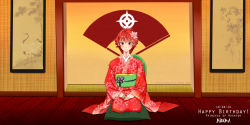 Rule 34 | 1girl, alternate costume, artist name, blush, character name, commentary, dated, fire emblem, fire emblem fates, flower, hair between eyes, hair flower, hair ornament, happy birthday, hinoka (fire emblem), indoors, japanese clothes, kimono, looking at viewer, nintendo, obi, patricia (asunaax), red eyes, red hair, sash, short hair, sitting, smile, solo, wariza, watermark, web address